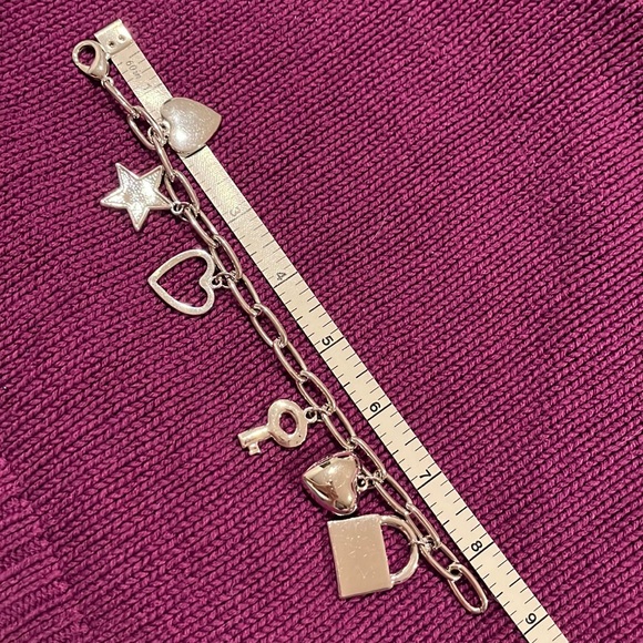 Charm Bracelet with Hearts, Rhinestone Star and Lock and Key in Silver-Tone - Picture 7 of 8